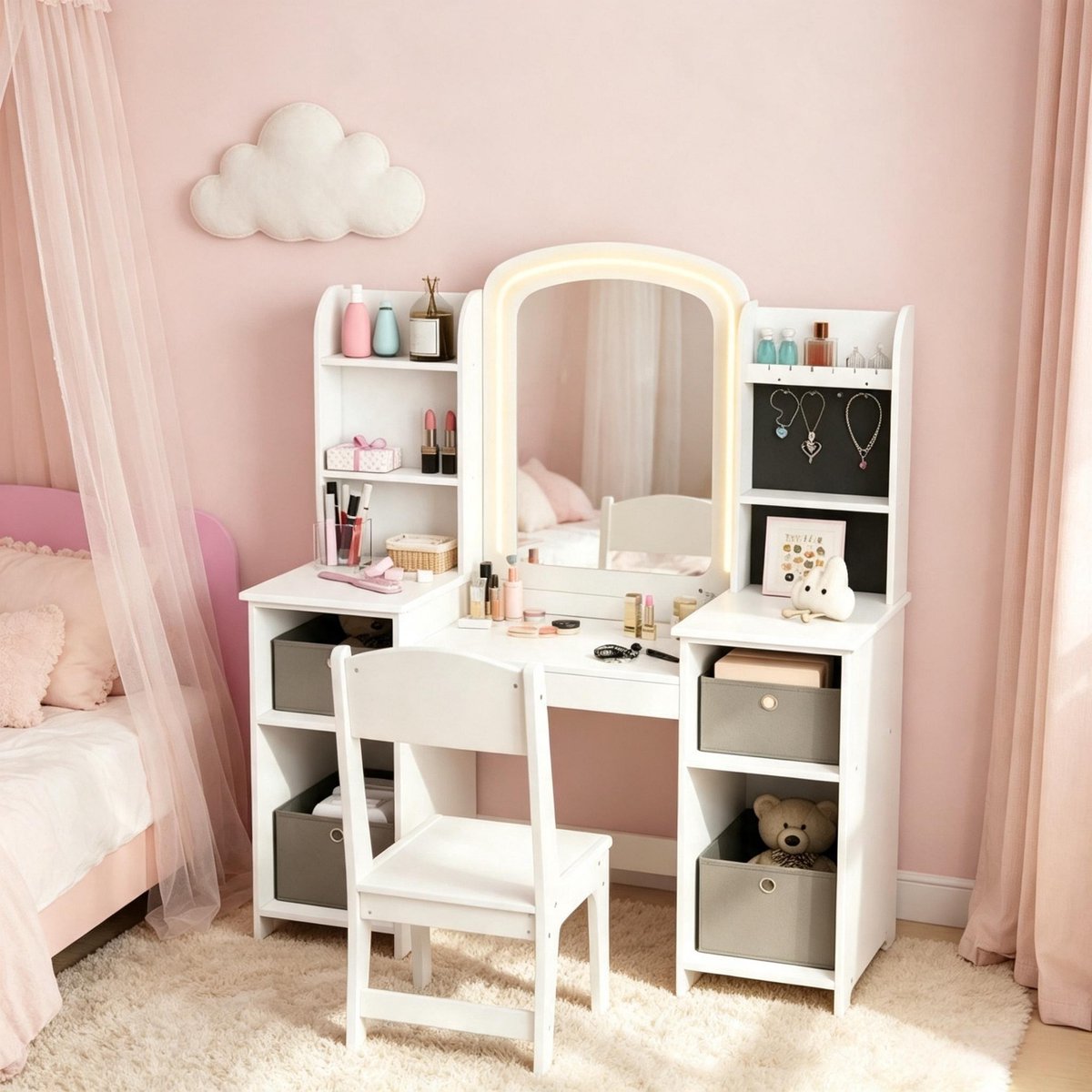 Zubaliya Kaptafel voor kinderen met LED-spiegel en kruk - wit - 104 x 40 x 112 cm