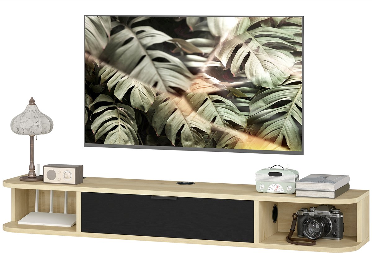 Wandgemonteerd tv-meubel - tv-standaard voor televisies tot 50 inch - uitklapbare lade - 2 planken - 120x24x16 cm - zwart