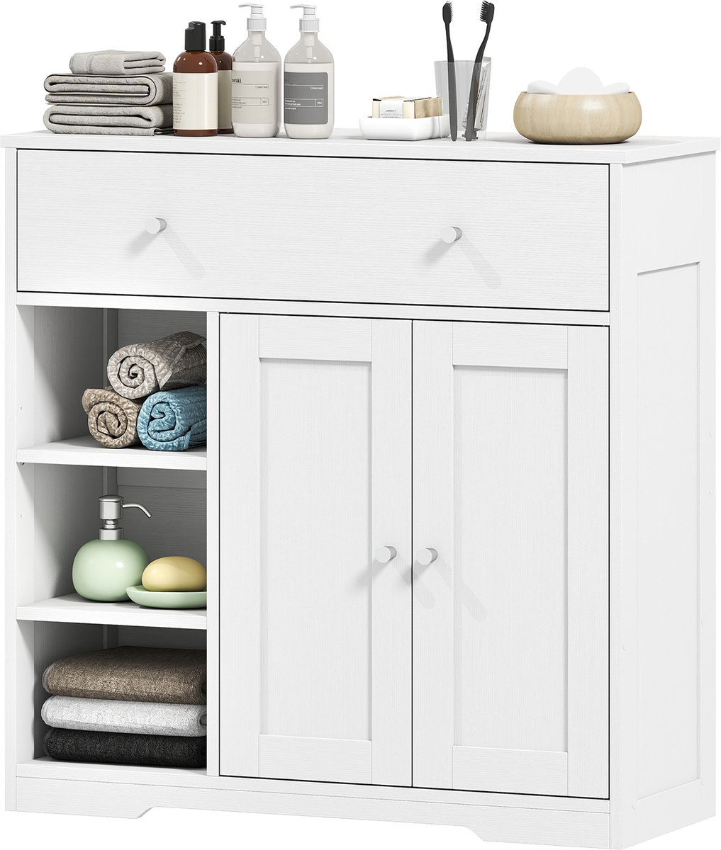 Badkamerkastje met 1 lade - 2 deuren - 3 open vakken - Scandinavische stijl - 80x30x80 - 2 cm - wit