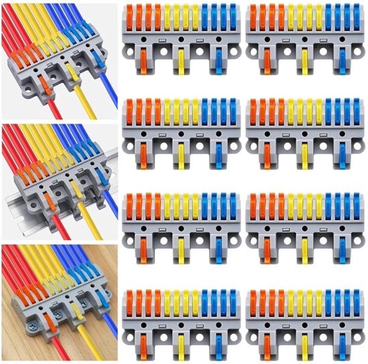 3-in-1 Lever Clamp Kit voor aansluiting van drie ingangen naar twaalf uitgangen, voor DIN-rail- en schroefmontage, voor 28-12AWG-draden, inclusief 8 sets