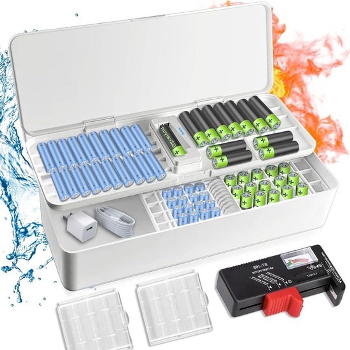 Dubbele batterijopslagdoos voor 115 batterijen - met tester en 2 kleine dozen