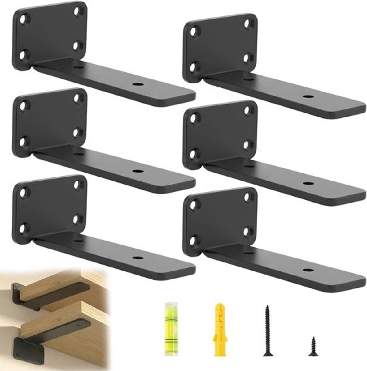 Rechthoekige Wandsteunen voor Planken - 6 Stuks - 10 cm - Zwart - 70 kg