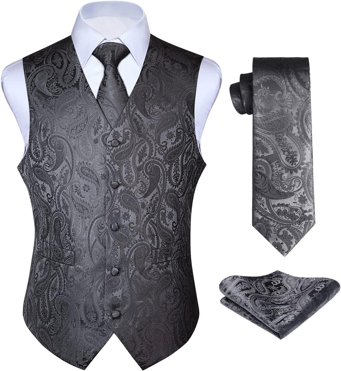 Gilet voor heren, paisley-gilet voor bruiloft, stropdas, pochet, bloemenpatroon, jacquard feestpak, set met gilet