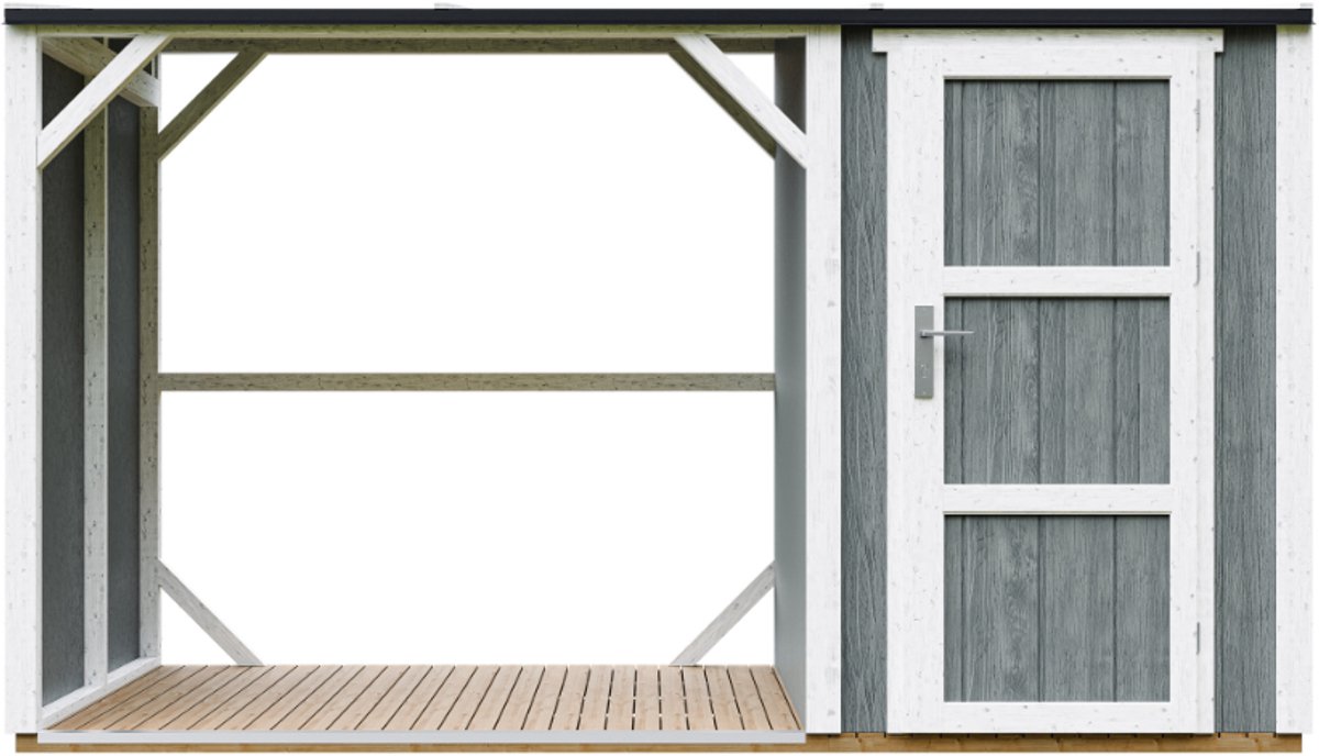 Timbela M985-CAVERN STEEL - LP SmartSide Houtopslag met afgesloten bergruimte - 4,14 m² - 345x120xH220 cm - Overkapping voor brandhout met berging