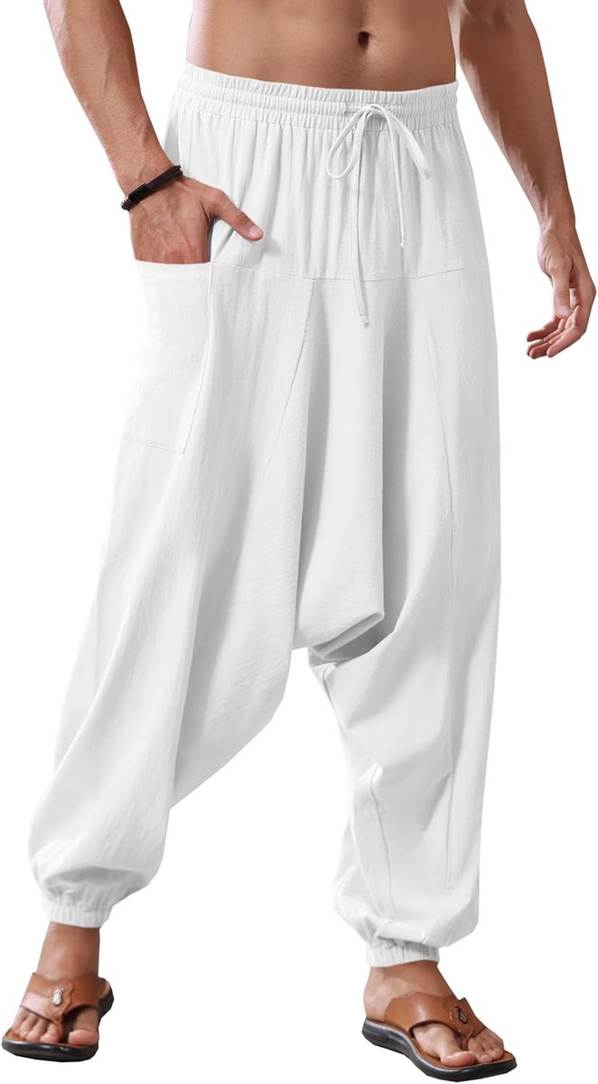 Katoenen harembroek voor heren, baggy, hippie, casual, linnen, yogabroek, strand, diep kruis