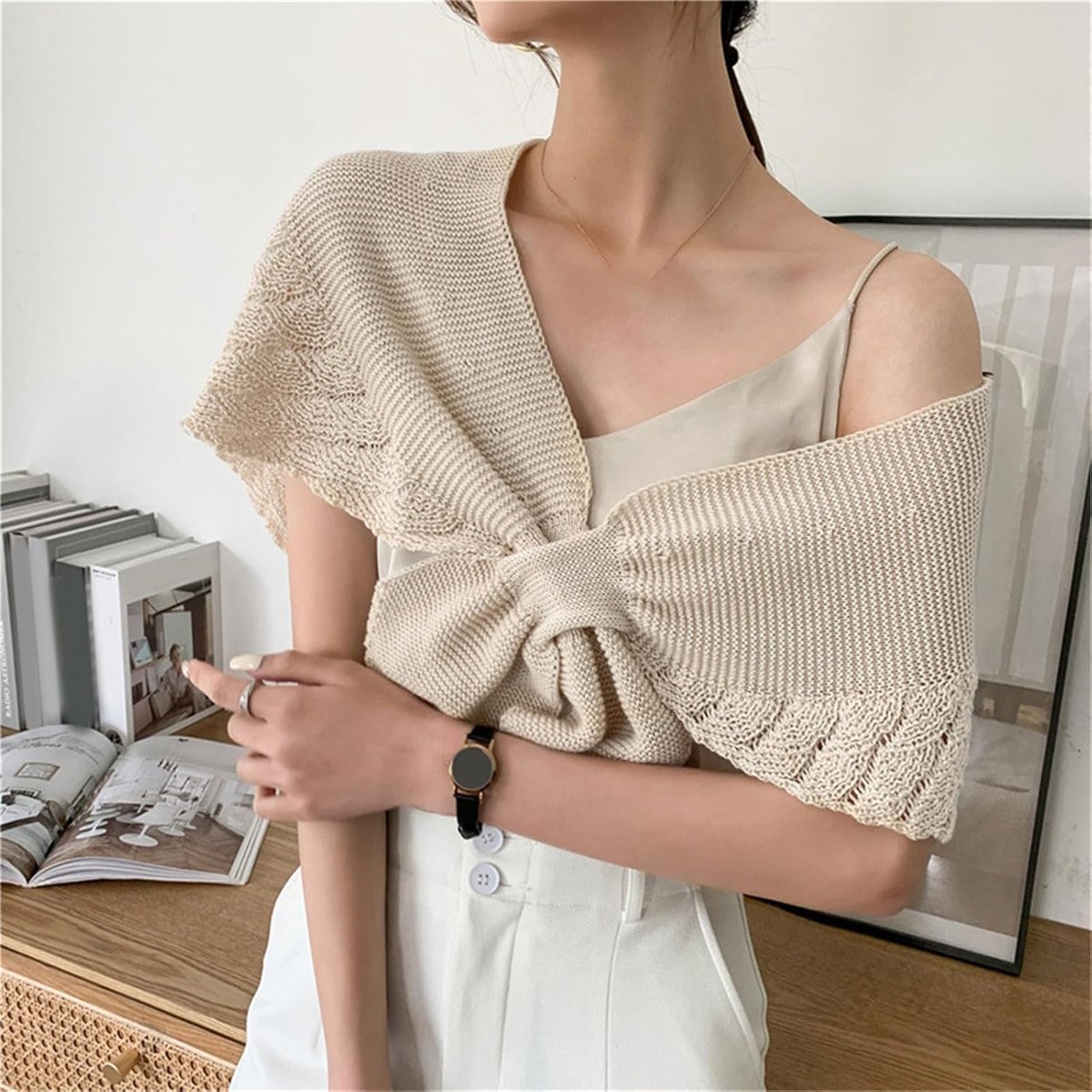 Gehaakte Sjaal Wrap Gebreide Visschubben Effen Kleur Poncho Geknoopt Cape Sjaal Koffie