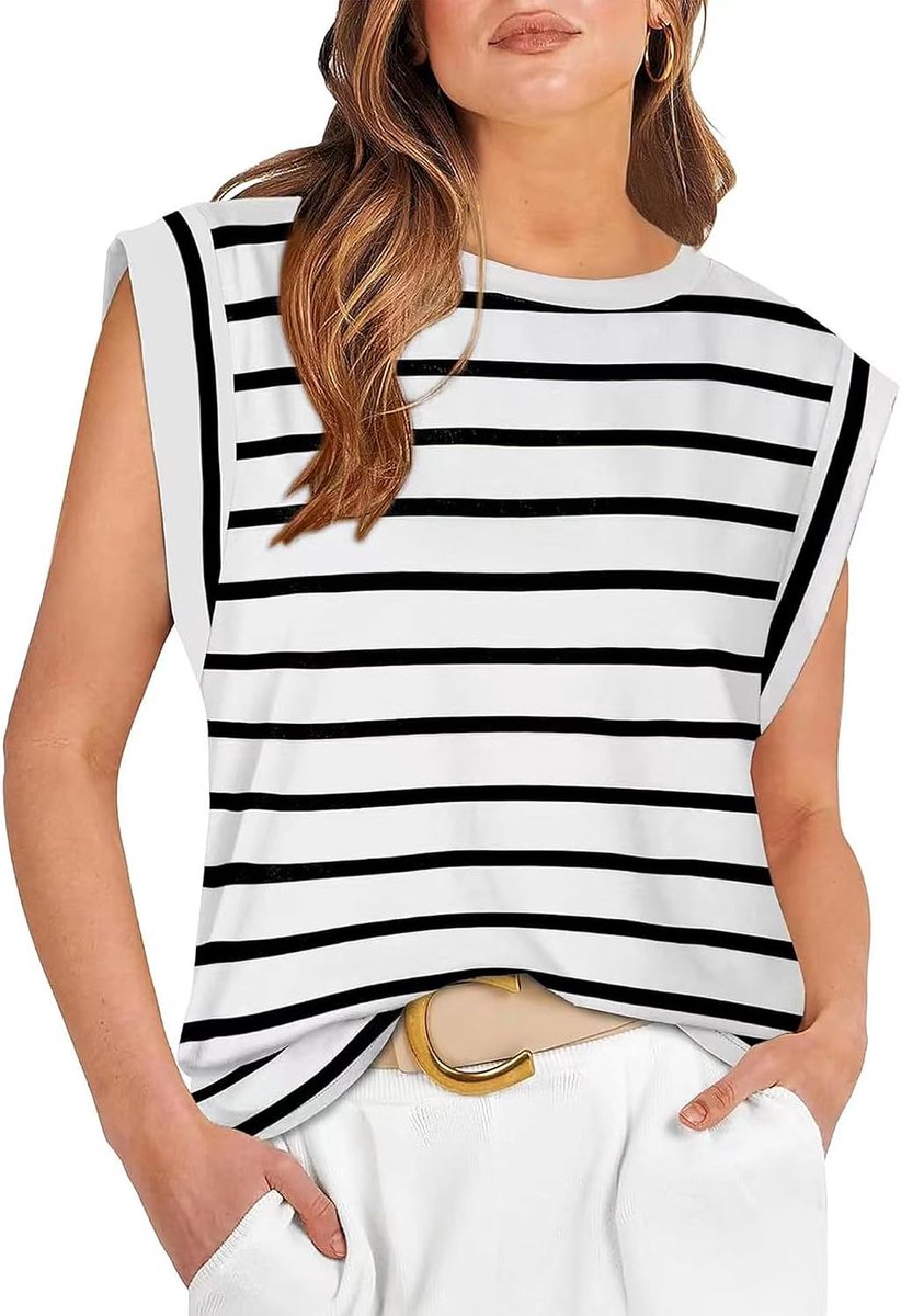 Tanktop voor dames, zomer, elegante bovenstuk, mouwloos, vleugelmouwen, T-shirt, casual, ronde hals, gestreept, blouse, losse zomerblouses 2024