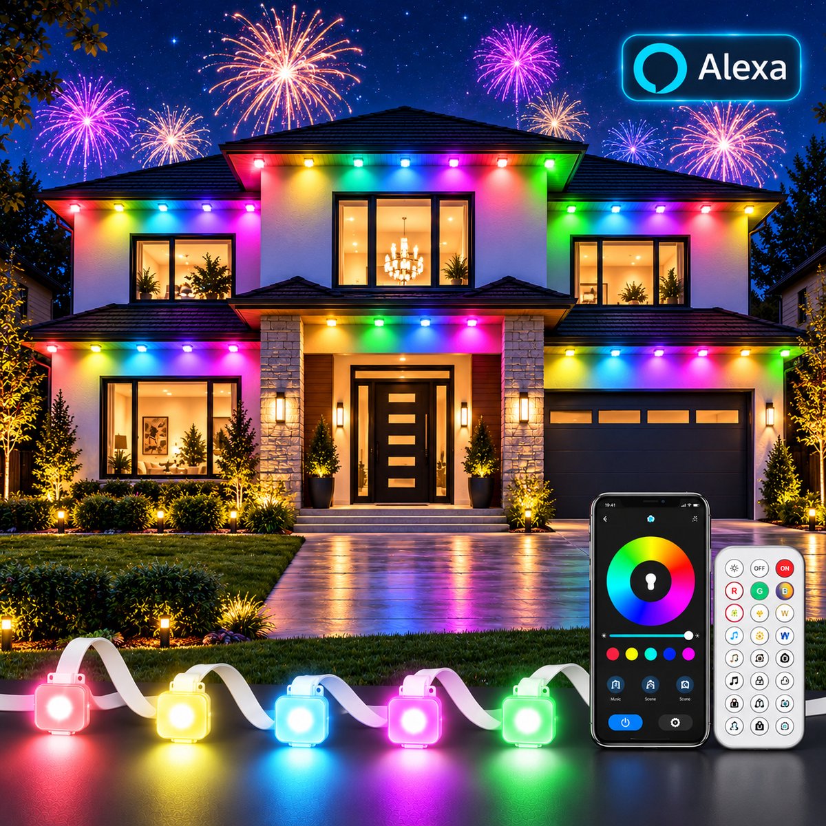 Lapamax Slimme LED Strip Buiten IP67 RGBIC - Lichtslinger voor Buiten -Lichtsnoer ,Dakrandverlichting, Tuinverlichting & Sfeerverlichting - App, Muzieksync & Scènes - voor Gevel, Overkapping, Terras, BBQ en Tuinfeest - 15 m