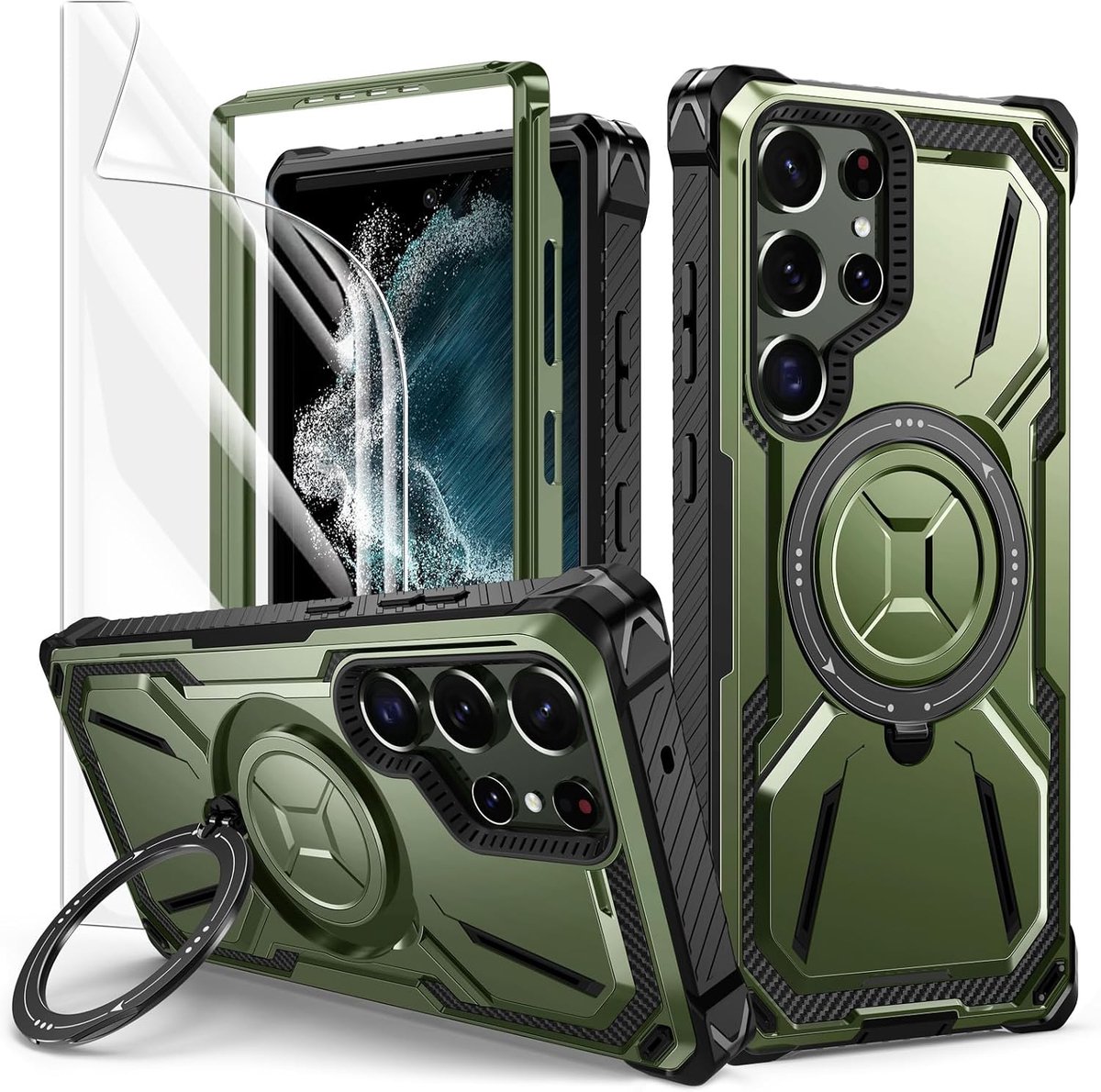 Telefoonhoesje voor Samsung Galaxy S22 Ultra, met 1 stuks beschermfolie, 360 graden ringstandaard, beschermhoes, militaire stootvaste telefoonhoes voor Samsung S22 Ultra 5G, groen