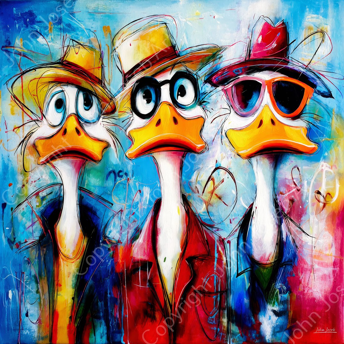 John Joseb Art (Aluminium) 100x100 | Grappige eenden met bril en hoed, humor, abstract, kleurrijk, kunst, vierkant, vogel, dier, eend, kuiken, rood, geel, blauw, wit, modern | foto-schilderij op dibond, metaal wanddecoratie