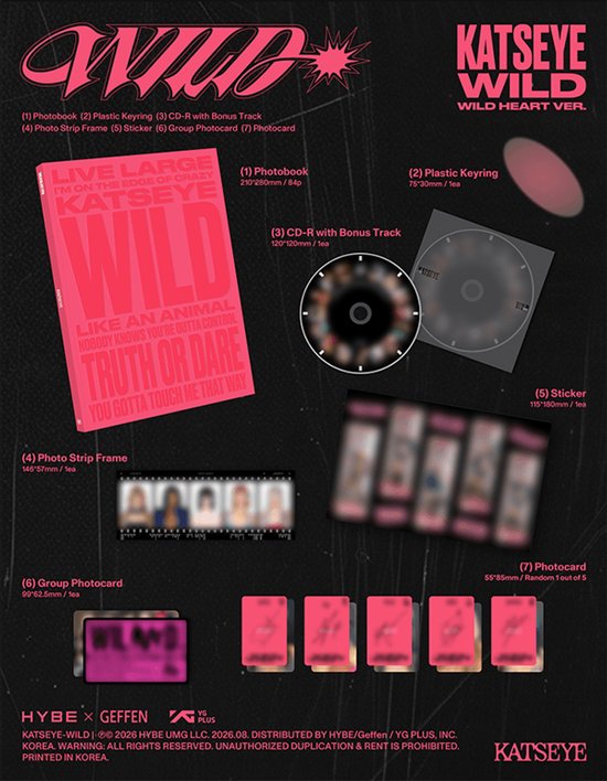 KATSEYE 'Wild' (Wild Heart ver.) album met inhoud: fotoboek, sleutelhanger, CD, fotostrip en fotokaarten.