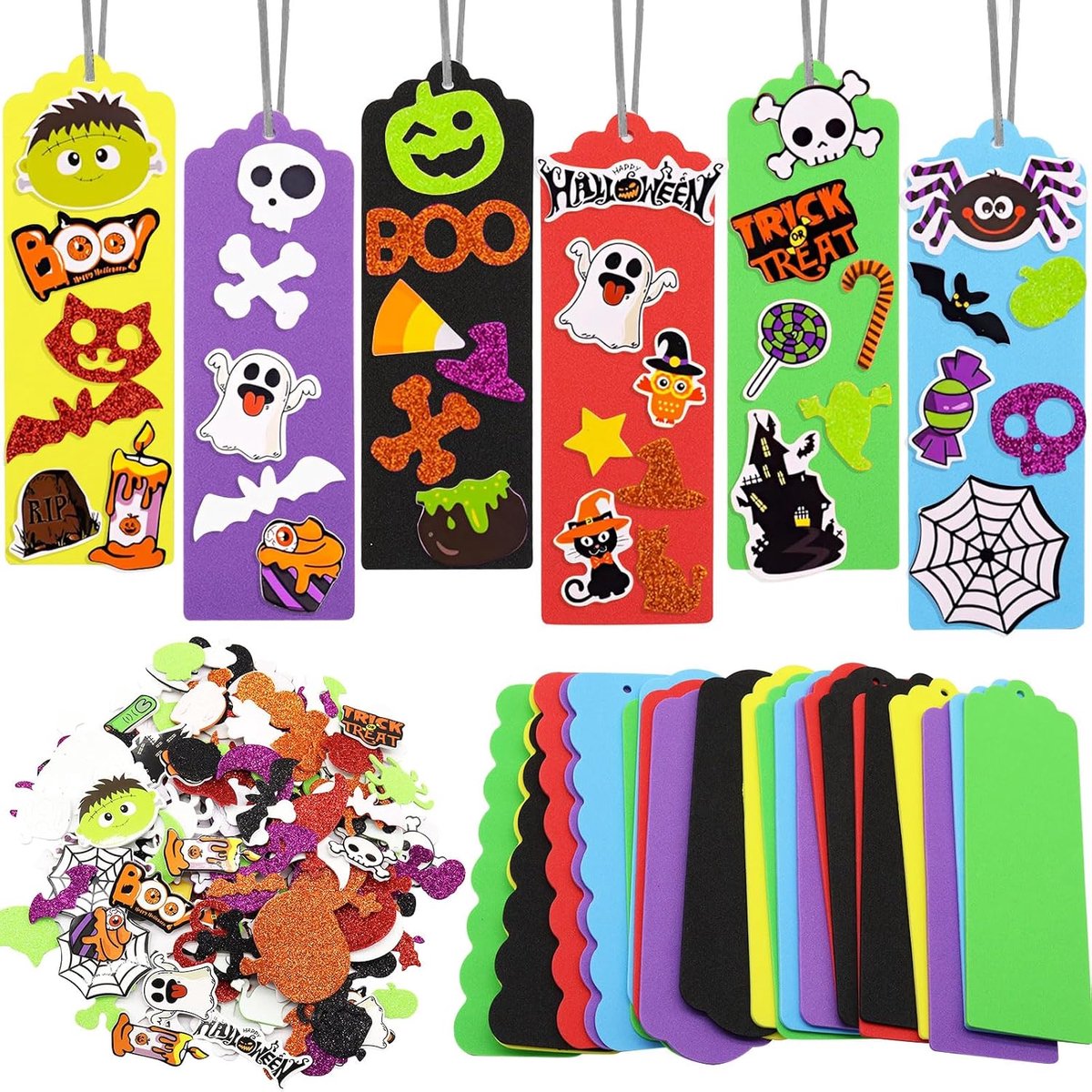 Knutselen voor kinderen, 24 stuks Halloween bladwijzers, knutselset, doe-het-zelf boekenlegger knutselen met 200 Halloween-stickers, bladwijzer schuimrubber, creatieve knutselset Halloween