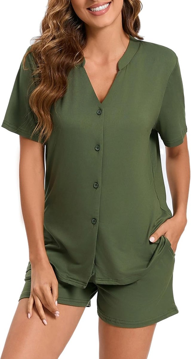 Pyjama dames katoen zomer met knopen aan de voorkant pyjama set korte mouwen V-hals en korte mouwen 2 stuks lichte huispyjama T-shirt pyjama