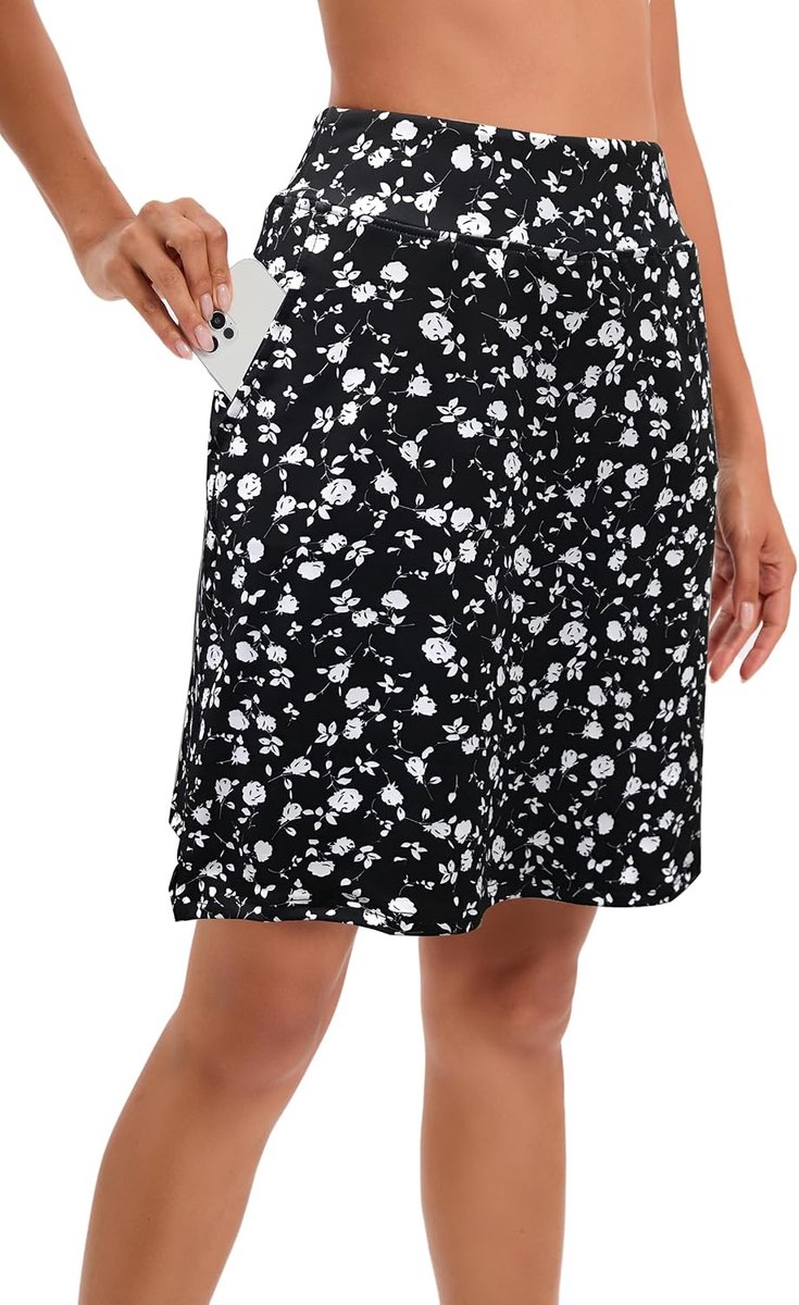Skort, sportieve kleding, voor dames, knielang met binnenshort, atletische tennisrok, met hoge taille, rok met broekje eronder, perfect voor sport, golf, wandeltraining
