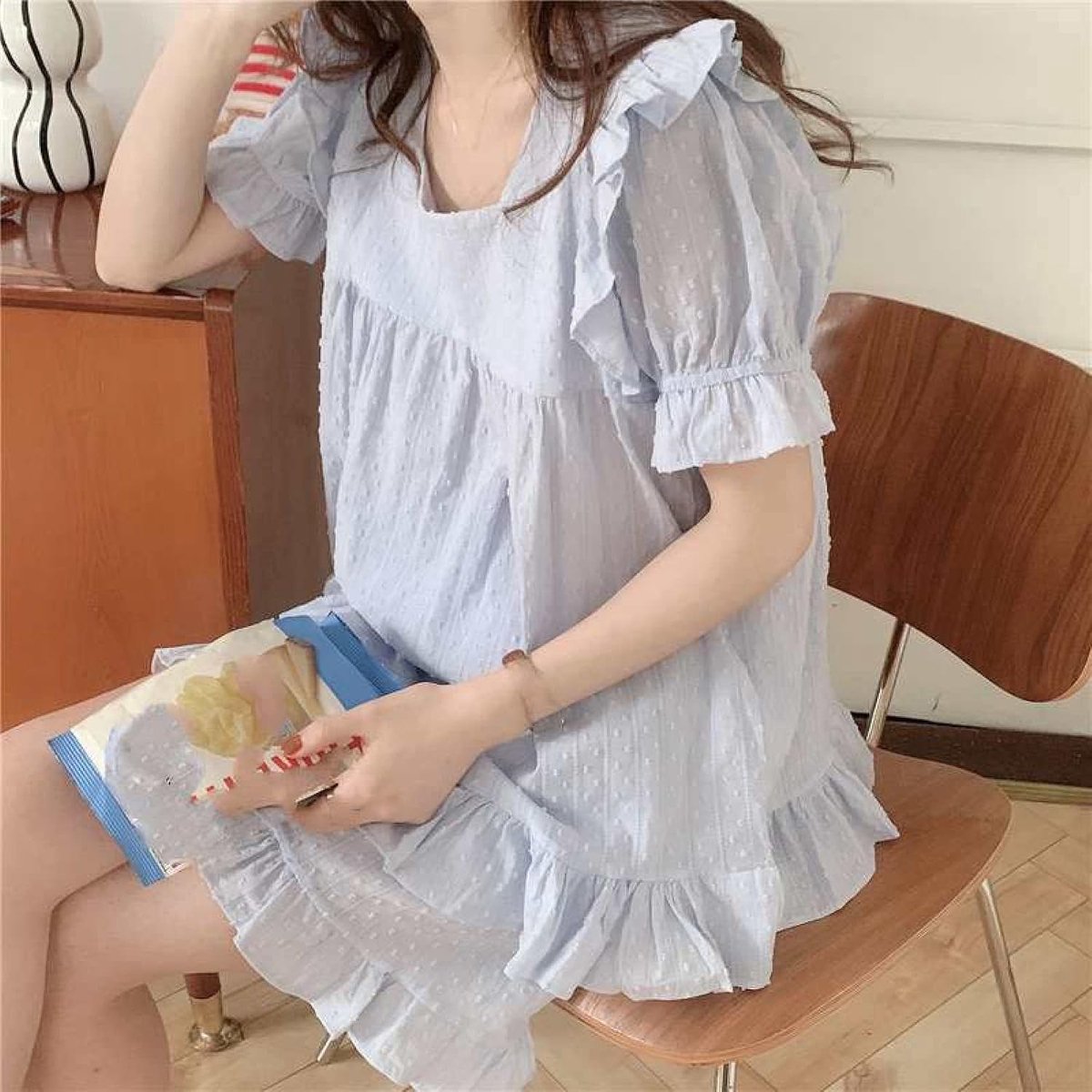 Zomer Pullover Pyjama Set - Katoenen Ruche Loungewear Korte Mouw Shorts Nachtkleding Set, Mode Vierkante Hals Zachte Homewear Casual Comfortabele Sleepshirt Set,Blauw,Één Maat