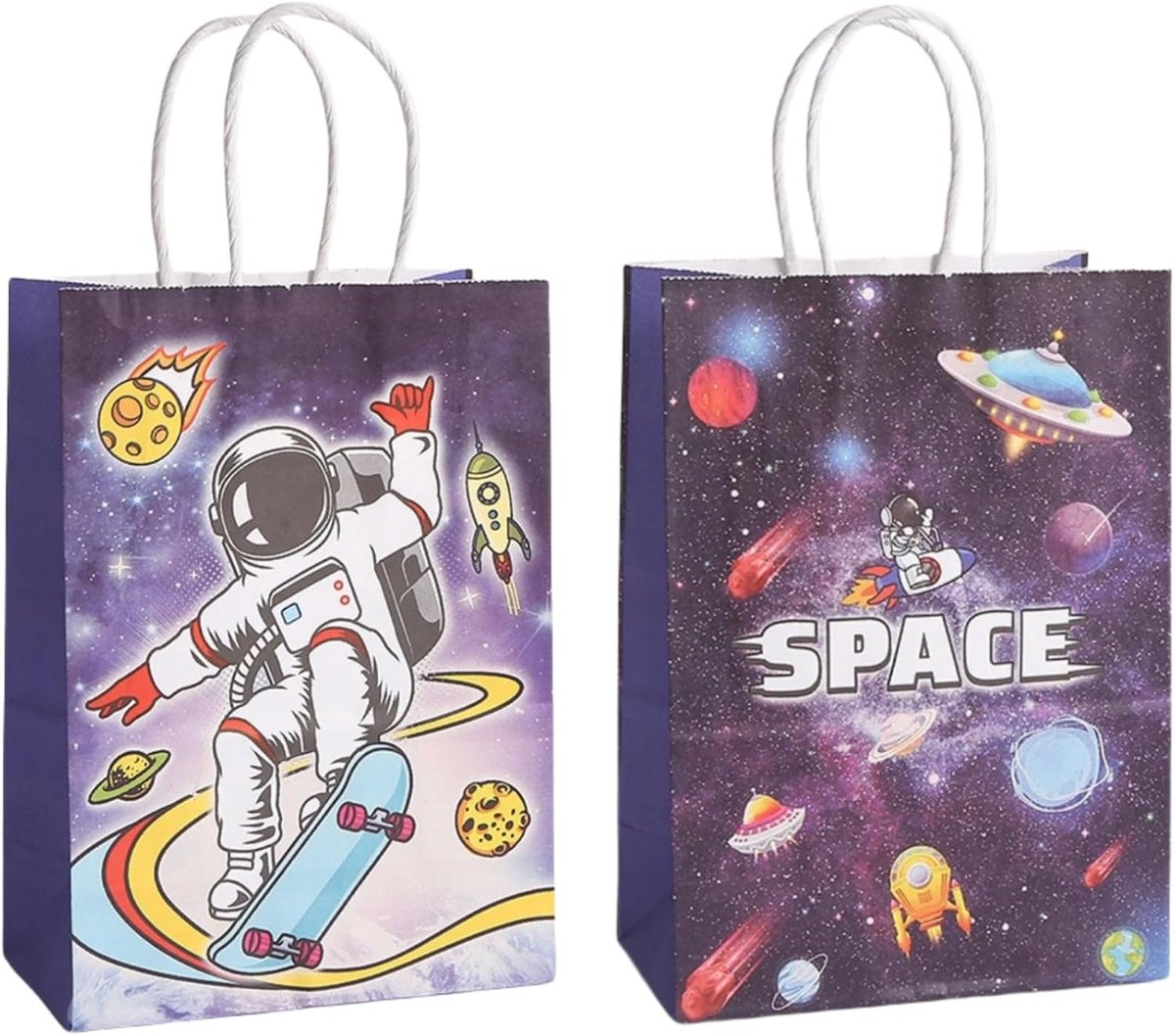 Verpakking van 24 papieren tassen, ruimteplaneet geschenktassen met handgrepen, feesttassen, verjaardagstassen, kraftpapieren zakjes