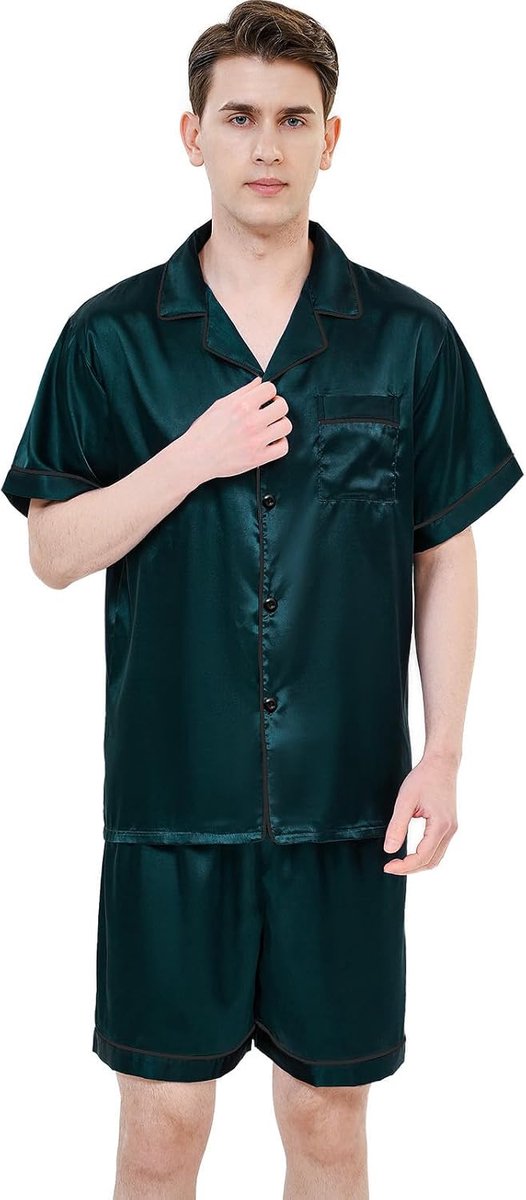 Pyjamaset met korte mouwen, zijdeachtige pyjamabroek, hoogwaardige button-down nachtkleding, veelkleurige zijdeachtige pyjamaset voor heren | Groen L, groen, XL