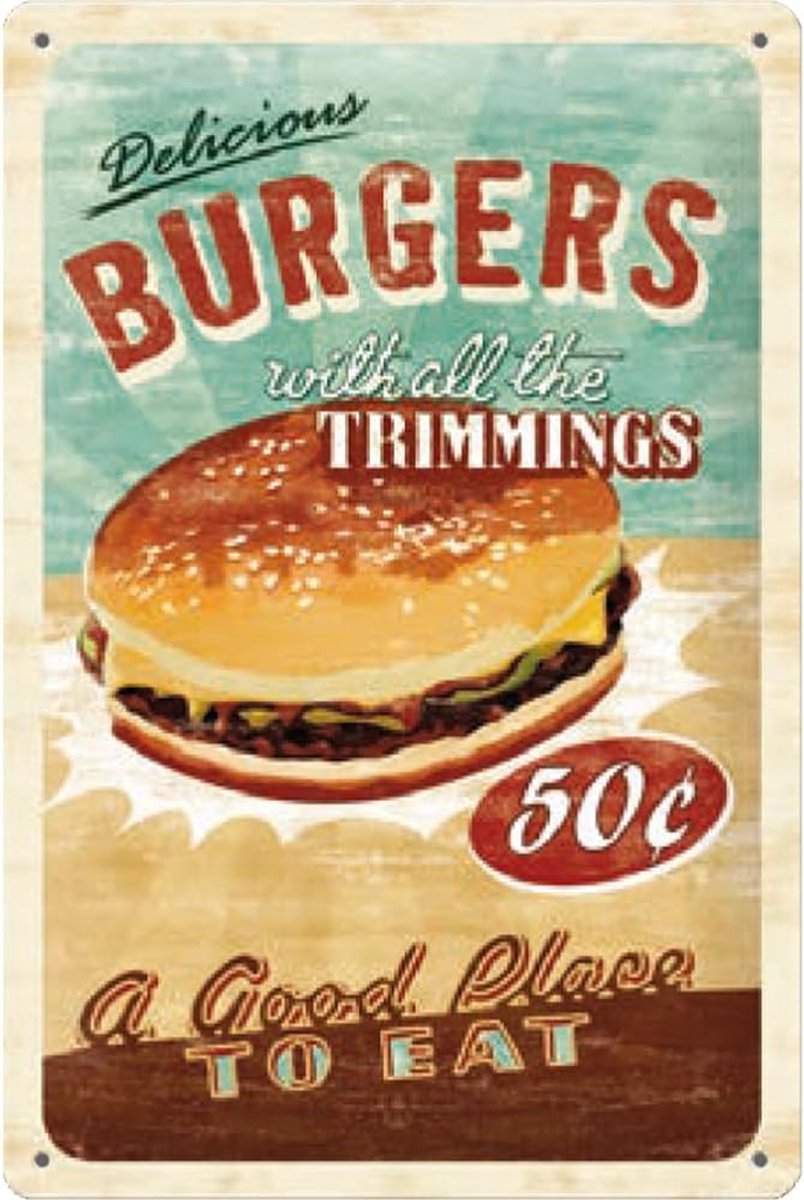 Retro tinnen bord, 20 x 30 cm, Delicious Burger, cadeau-idee voor de keuken, van metaal, vintage design