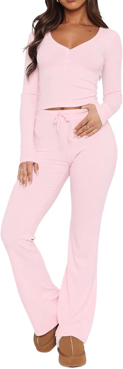 Gebreide geribbelde 2-delige pyjamaset lange mouwen knoop crop top en flare wijde pijpen broek lounge sweatsuits pyjama PJ set