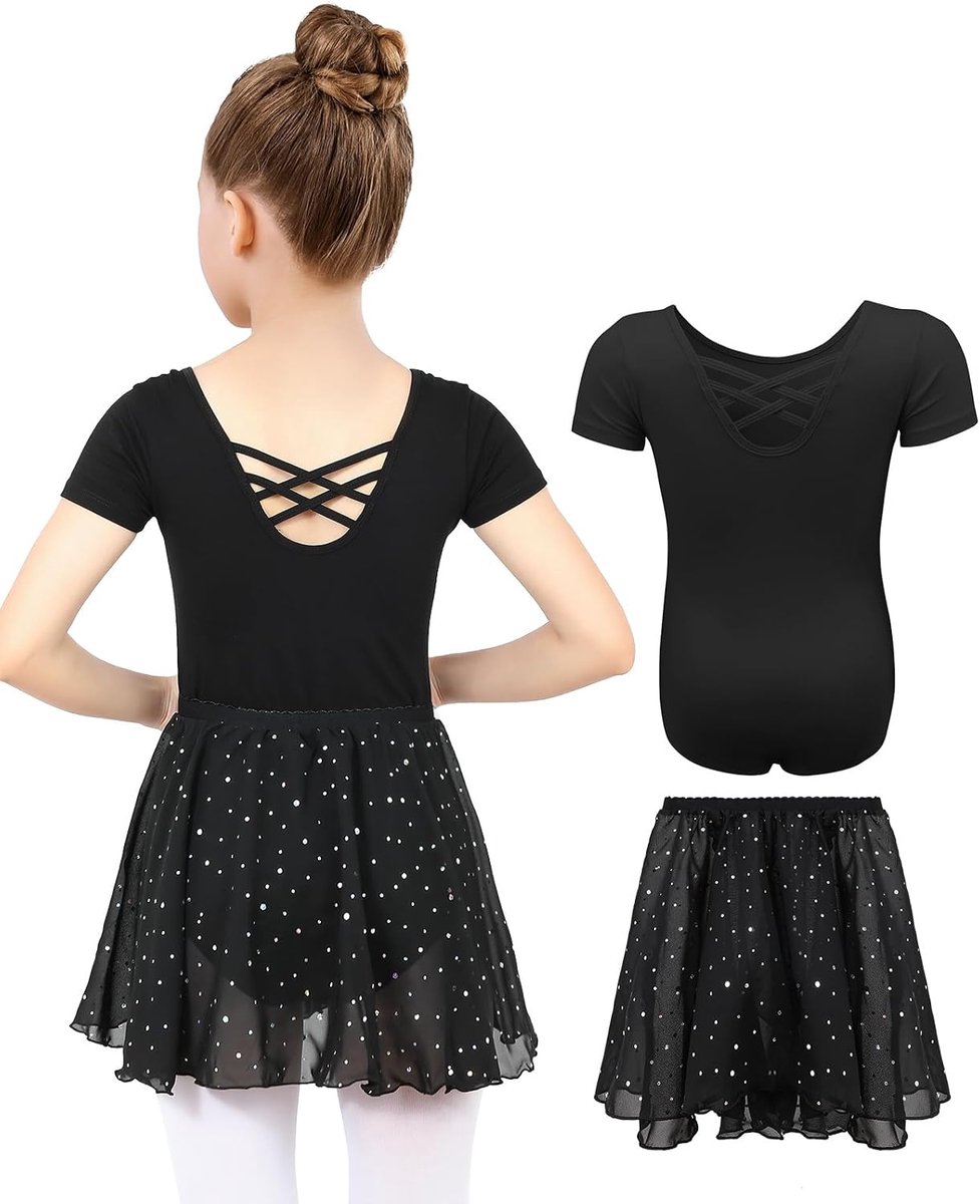 Balletjurk Voor Meisjes Katoen Balletkleding met Korte Mouwen Balletpak met Afneembare Chiffonrok met Pailletten voor 3-11 jaar