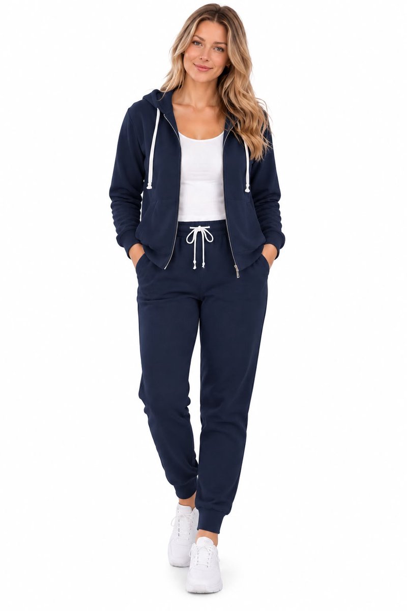 Dames Pluchtige Fleece Lounge Set-Dames-Hoodie met capuchon-Rits-Joggingpak-Huispak-S/M(36/38) NGHP-W26002 Donker Blauw