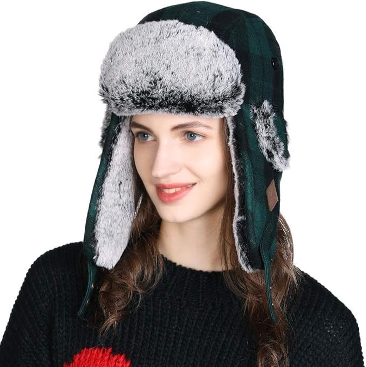 Unisex warme pilotenmuts winter zachte trappermuts met kunstbont winddicht, 89079_Groen, M/L