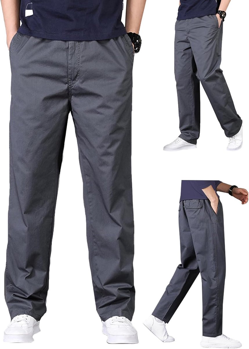 Heren Chino werkbroek rechte snit elastische taille casual rechte buis, Grijs, 5XL grote maten