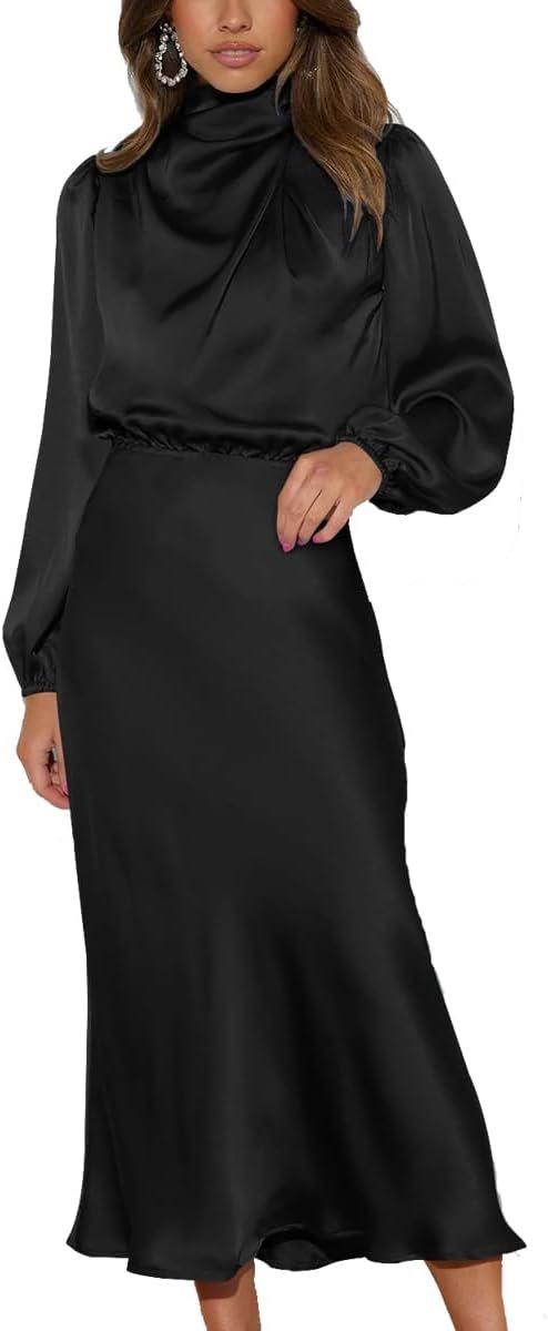 Lange jurk met lange mouwen van satijn met lange mouwen, nieuw model, herfst, temperament cocktailjurk, casual, hoog gevoel, voor dames en meisjes