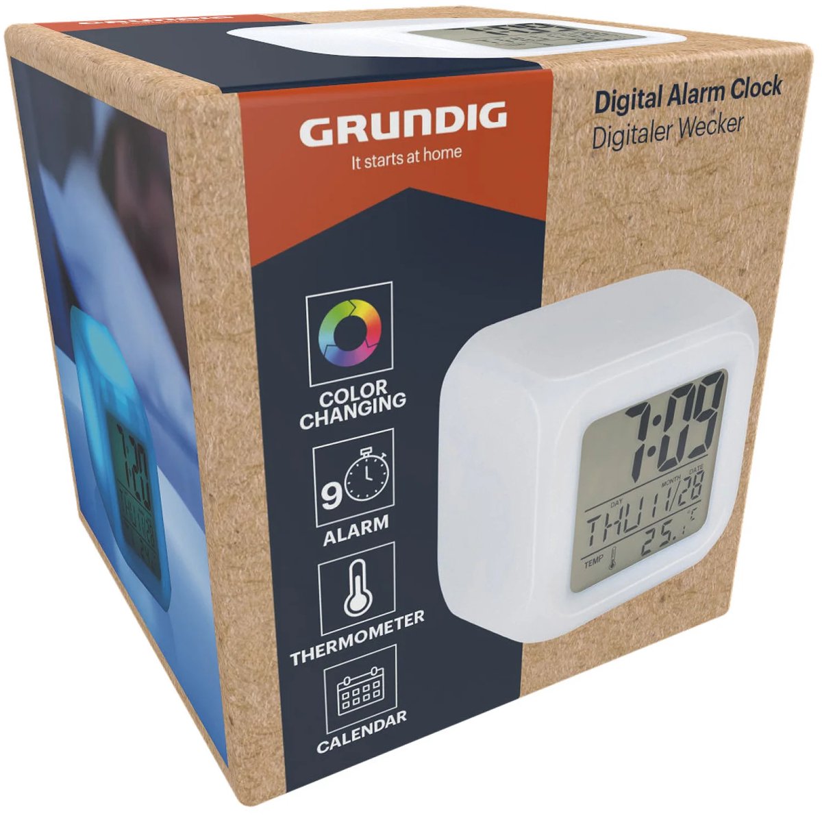 Grundig Alarm Clock Digital - Digitale Wekker met Thermometer en Kalender - Compact Formaat 7,8x7,8x7,8 cm - Werkt op AAA-Batterijen - Geschikt voor Slaapkamer, Bureau of Nachtkastje - Kleur Wit