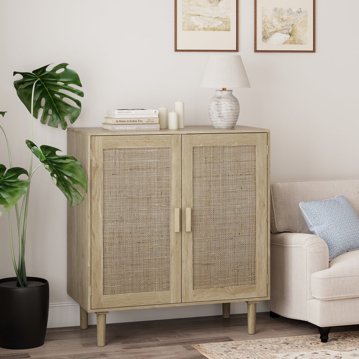 Opbergkast 80x40x88 cm – 2 Rieten Deuren – Natuur – Massief Houten Handgrepen – Voor Woonkamer, Eetkamer & Gang