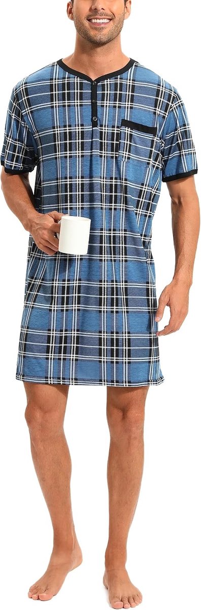 Nachthemd voor heren, katoenen pyjama met lange mouwen, korte mouwen, pyjama-bovenstuk, lang T-shirt, ronde hals met knopen, huiskleding, grote maat, zacht, comfortabel