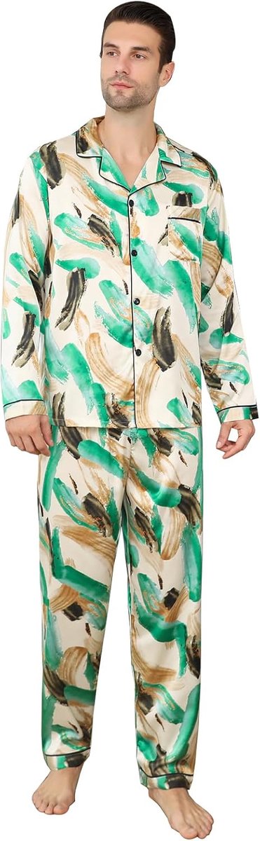 Pyjama voor heren, lange mouwen, zijdeachtige pyjama, premium nachtkleding met knoopsluiting, meerkleurig, zijdeachtige pyjamaset voor heren