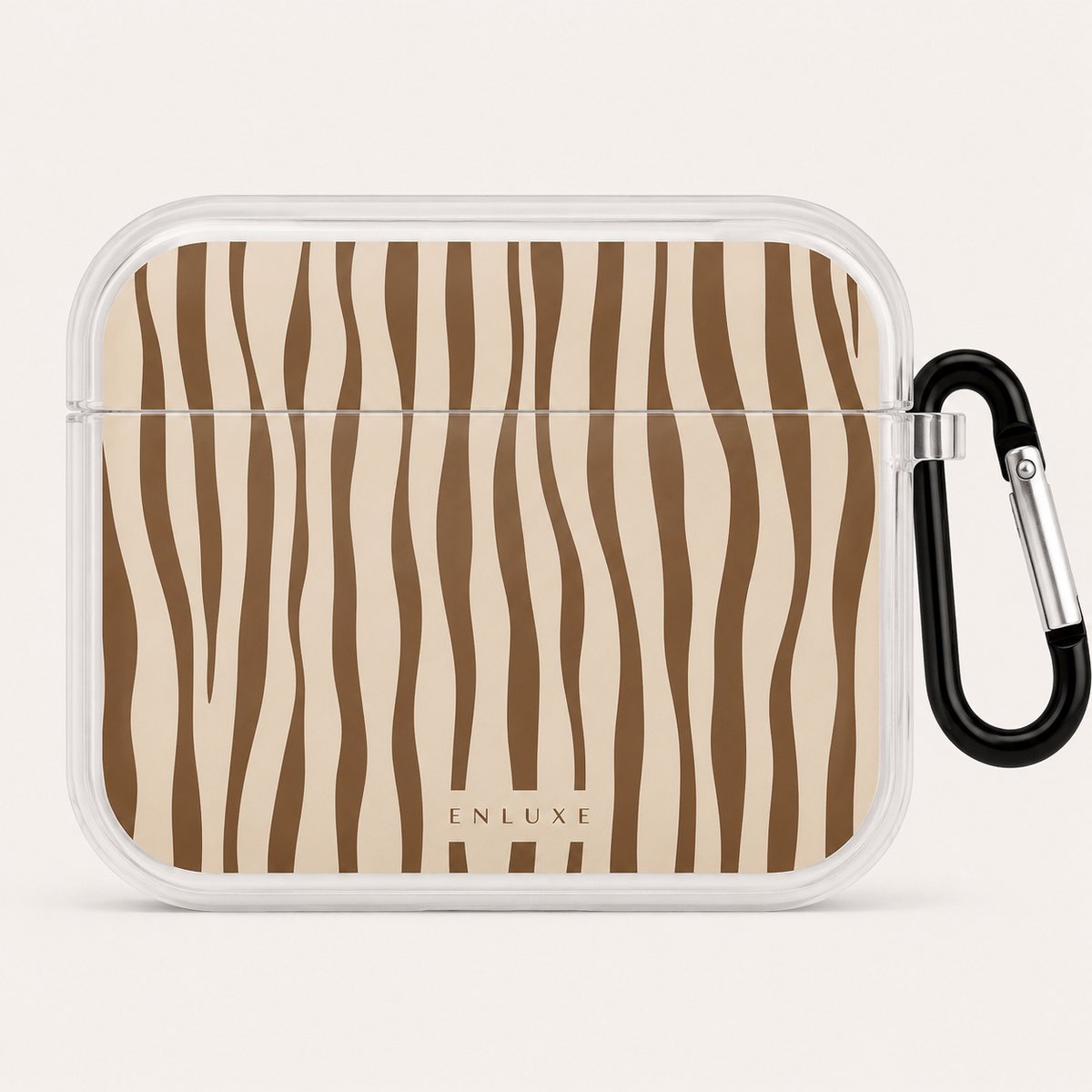 Enluxe AirPods 4 / 5 Hoesje ''Ibiza'' Bruine Golfstrepen - Hard Case met Karabijnhaak