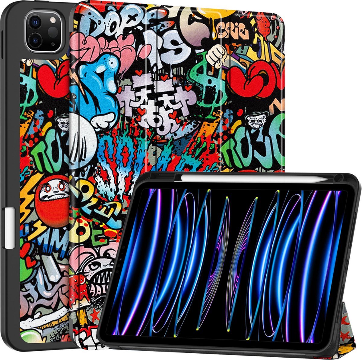 Tablethoes geschikt voor Apple iPad Pro 11 (2025) / Apple iPad Pro 11 (2024) - 11 Inch - Tri-fold TPU case - Met Pencilhouder - Auto Sleep/Wake functie - Graffiti