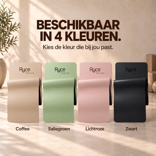 Vier gekleurde Ryce yogamatten: Coffee, saliegroen, lichtroze, zwart. "Beschikbaar in 4 kleuren."