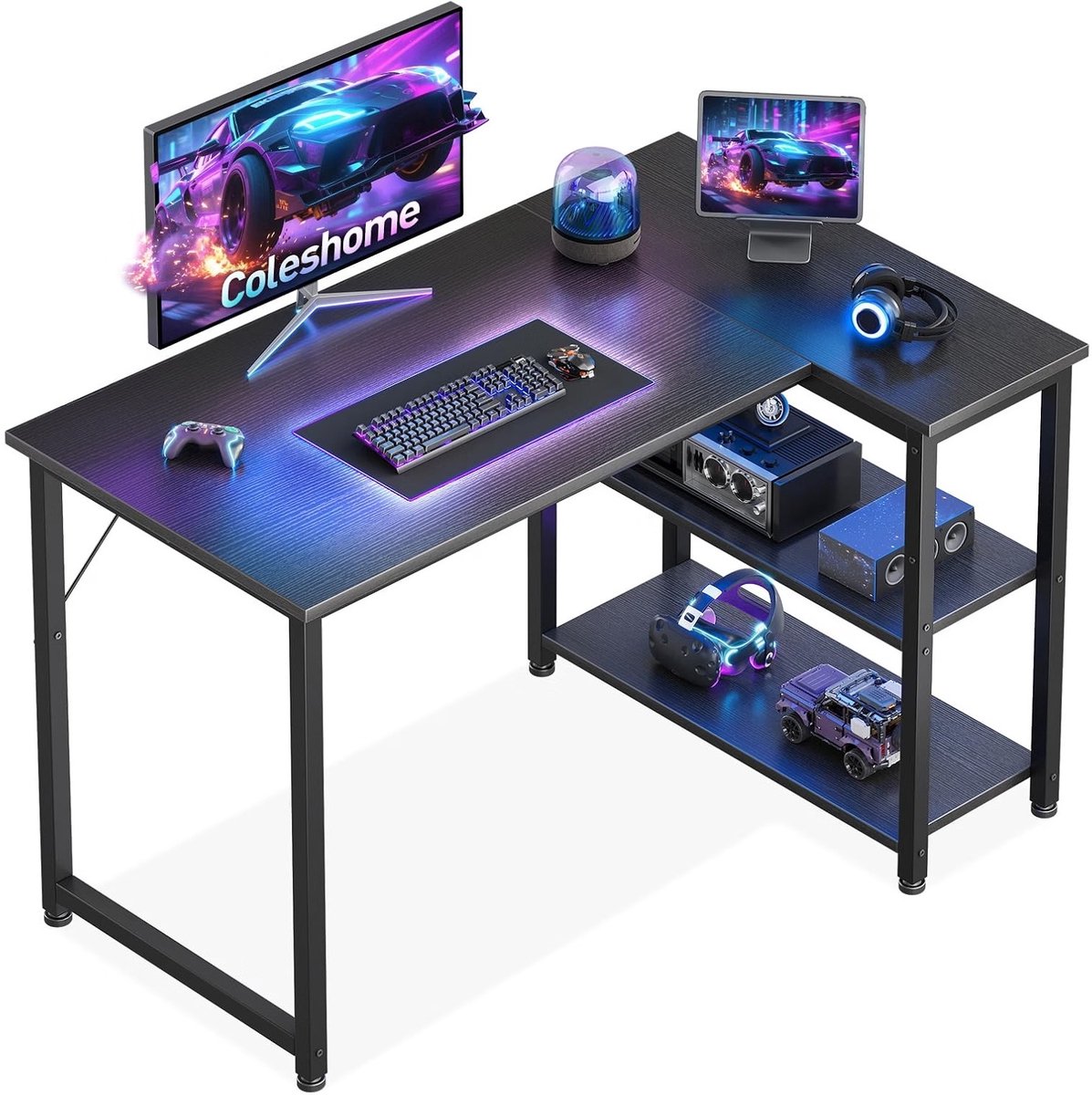 Thuys Hoekbureau – L-vormig Gamingbureau met Opbergrek – Omkeerbaar Links/Rechts – Computerbureau voor Kleine Ruimtes – 100 x 70 cm – Zwart
