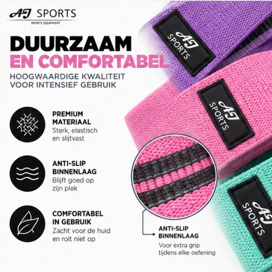 Paarse, roze en cyaan weerstandsbanden met AJ Sports logo. Antislip binnenlaag voor extra grip.