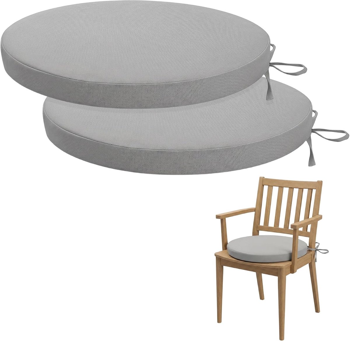 Rond stoelkussen voor buiten, 2 stuks, 40 x 40 cm, waterdicht zitkussen voor buiten, kleurechte terrasstoelkussens met banden, terrasmeubilair (grijs)