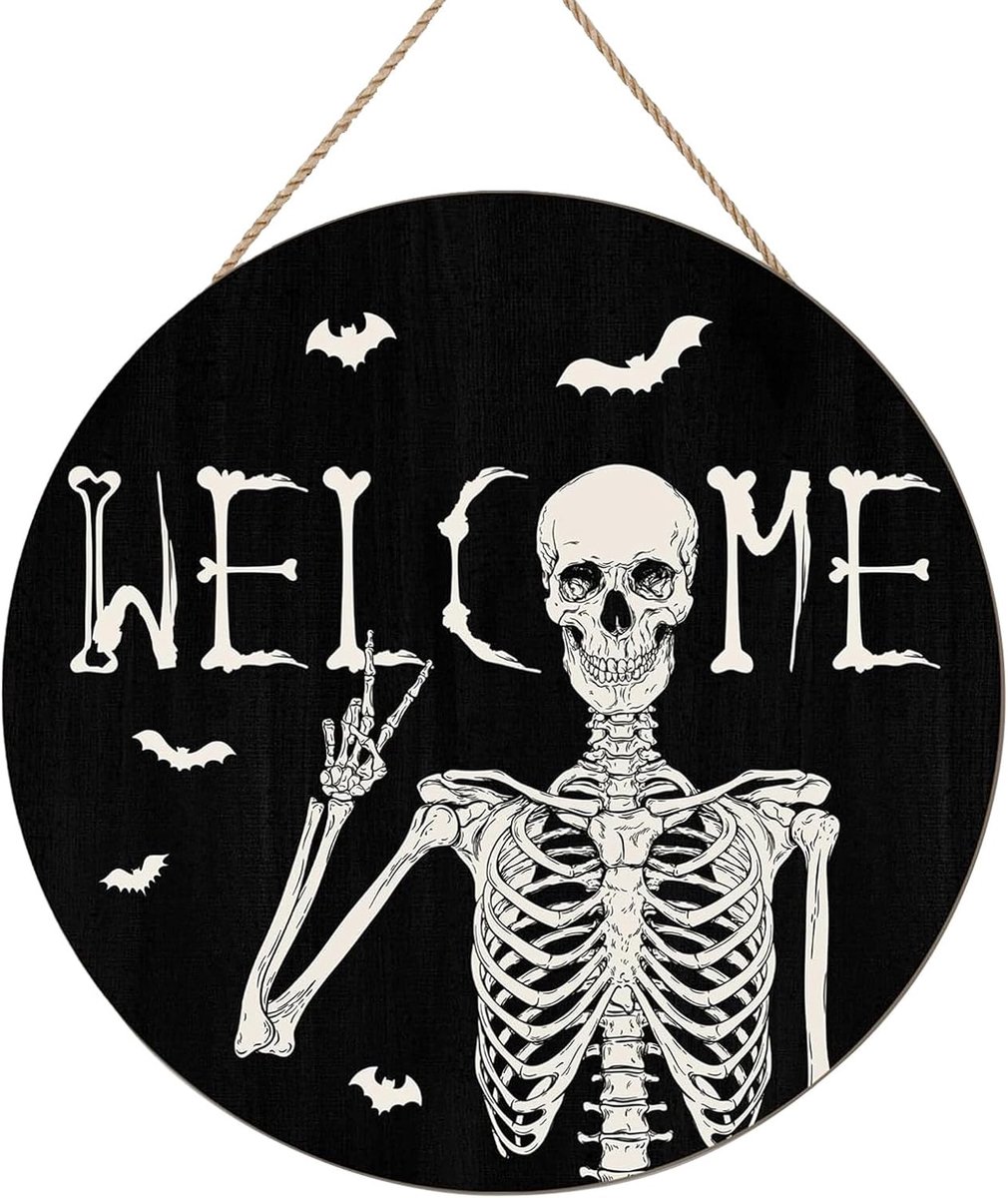 Skeletdecoratie, Halloween, deur om op te hangen, rond, welkom, Halloween-decoraties, deurbordje van hout voor wanddecoratie, binnen en buiten, 20 x 20 cm, zwart