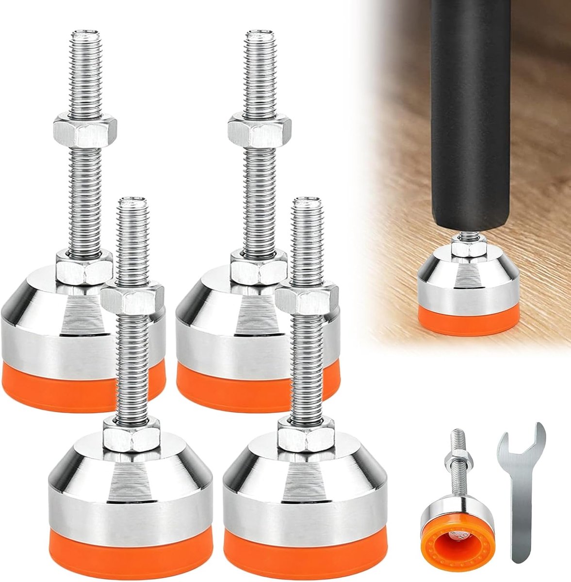 5 stuks zware machinevoeten: M8 × 50 mm Ø 40 mm verstelbare poten met schroefdraad & rubberen buffer, verstelbare nivelleringsvoeten voor werkbank, machine, kast, lawaai verminderen voor machine