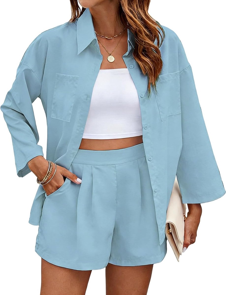 2-delige set voor de zomer, voor dames, overhemd en shorts, modieus, effen, voor vakantie, strand