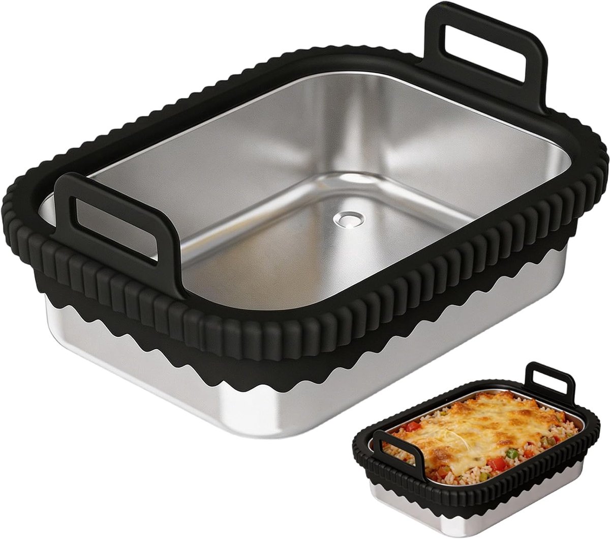 Ovenschaal voor heteluchtfriteuse, glazen airfryer-accessoires, siliconen handgrepen en uitneembare siliconen ring, hittebestendig, krasbestendig, vaatwasmachinebestendig, afneembaar, zwart