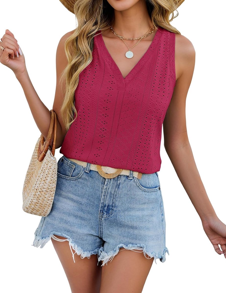 Vest tops vrouwen V-hals mouwloze tops zomer tank tops dames elegant oogje borduurwerk hemdje vest casual losse pasvorm blouse shirt