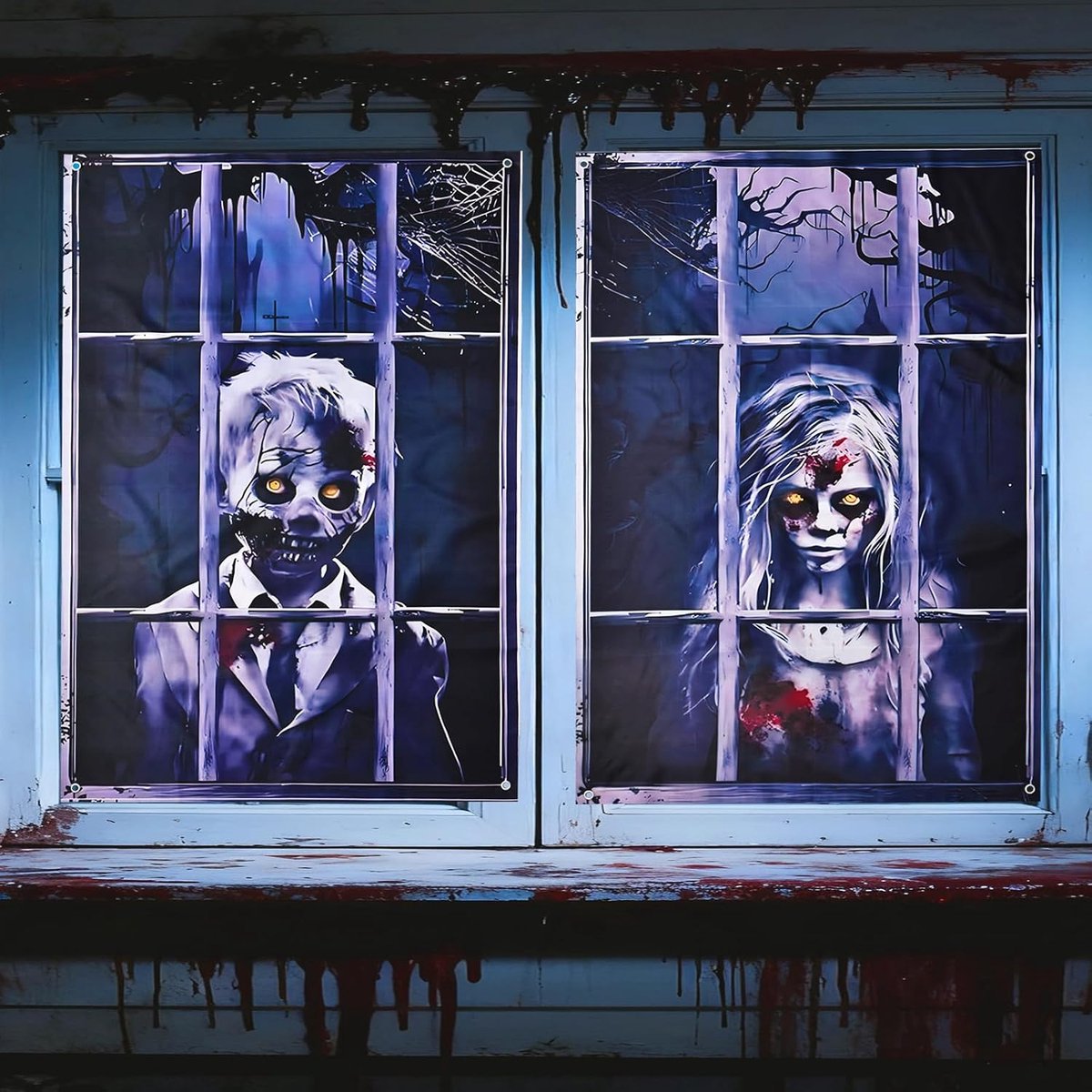 2 verpakkingen Halloween-decoratie, griezelige raamafbeeldingen, 3D-ramen