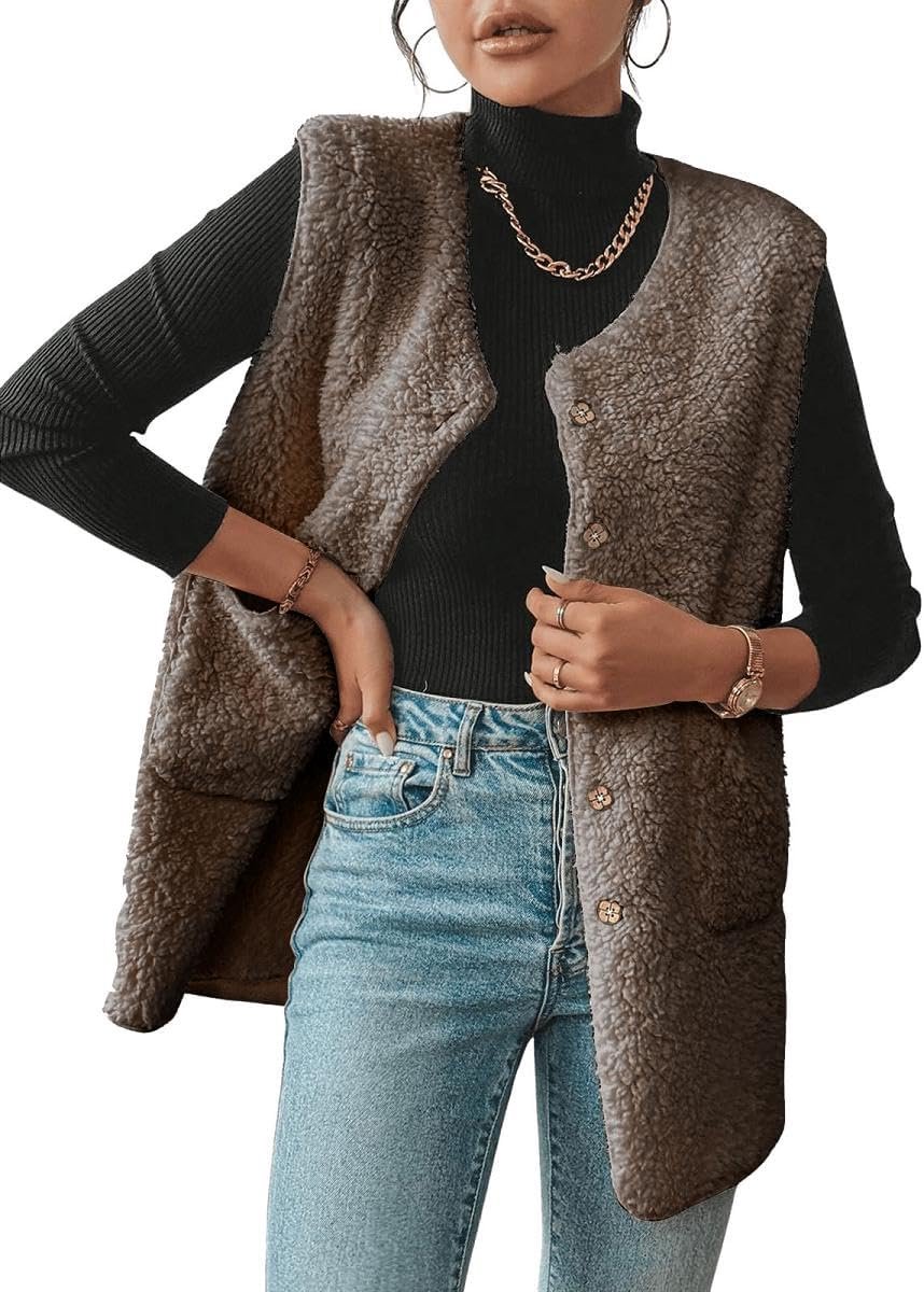 Teddy Fleece Lange Gilets Effen Body Warmer Winter Warm Gewatteerde Vest Mouwloze Vesten Tops Button Down Loose Fit Fleece Outwear Jas met Zakken