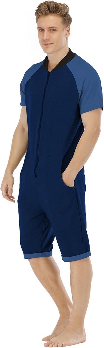 Pyjama voor heren, rompertjes met capuchon, korte mouwen, shorts, zomer, comfortabel, ritssluiting, volwassenen, eendelig, homewear, onesie, trainingspak