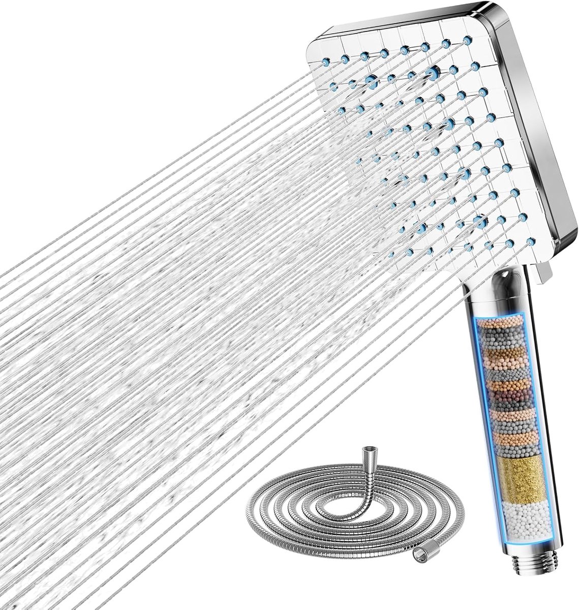 Douchekop met filter, hogedruk handdouche met filtratie in 20 lagen, 1,5 m slang, 6 straalsoorten, vierkante spaardouchekop, chroom