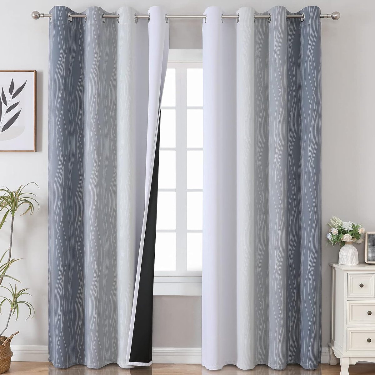 Ombre kleurverloop, verduisterende gordijnen voor slaapkamer met ringen, thermogordijn koudebescherming, dichte gordijnen, woonkamer, H 229 x B 132 cm, grijs en wit, set van 2