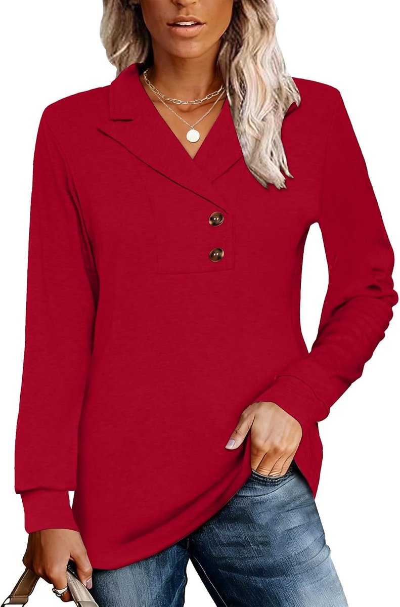 Lange mouw knop revers tuniek tops V-hals zakelijke casual swing sweatshirt pullover 2025