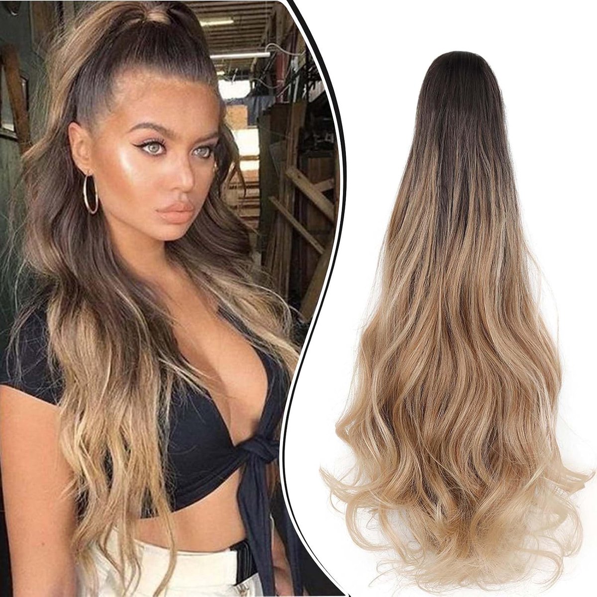 45cm Paardenstaart Haarstuk Vlecht Verlenging Klauw Golvende Lange Paardenstaart Extensies Haarverlenging Synthetische Clip in Ponytail Haarextensies, Bruin ombre gemengd met bruin